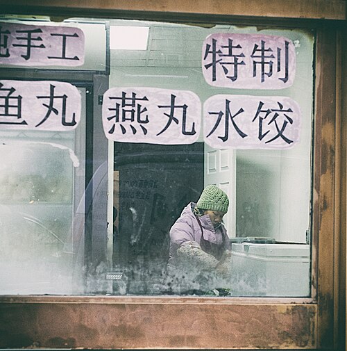 A dumpling shop window on Catherine Street, steam on the inside of the glass, paper signs in Chinese stuck to it and a woman in a green hat working behind.