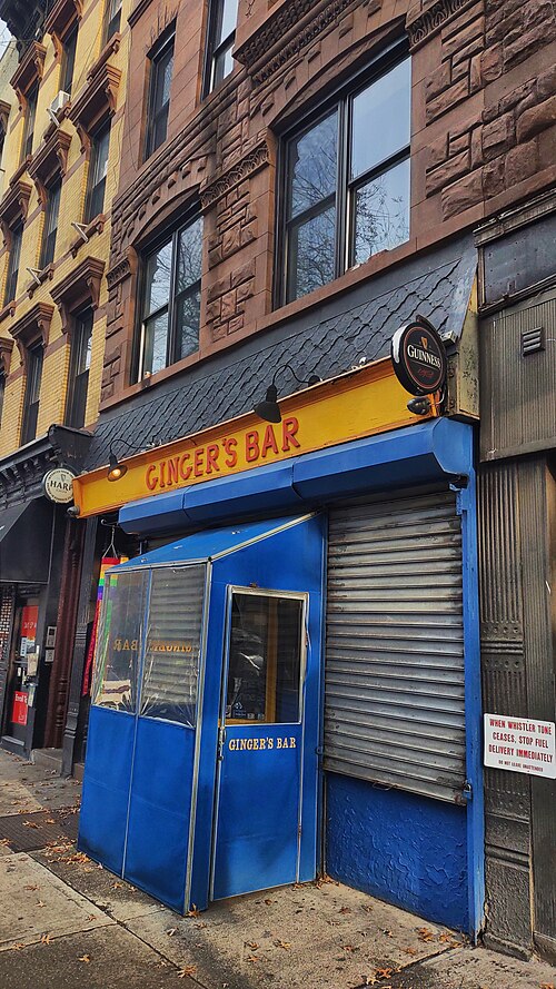 Ginger's Bar at 363 Fifth Avenue, a yellow sign over a blue wooden vestibule on the sidewalk, the shutter down beside the door and a rainbow flag on the next building.