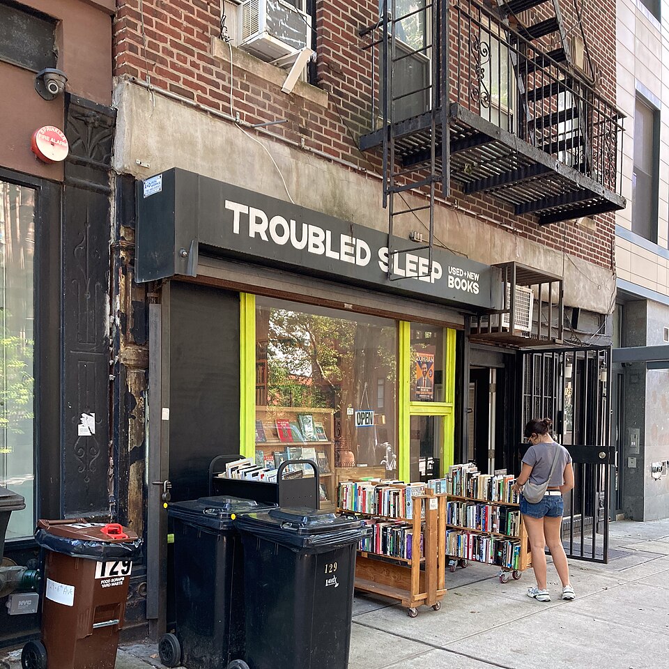 A used bookstore at 129 Sixth Avenue, a block north of the Berkman house, with carts of books out on the sidewalk under a fire escape.