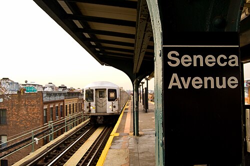 An M train pulling into the elevated Seneca Avenue platform, rowhouse rooftops alongside.