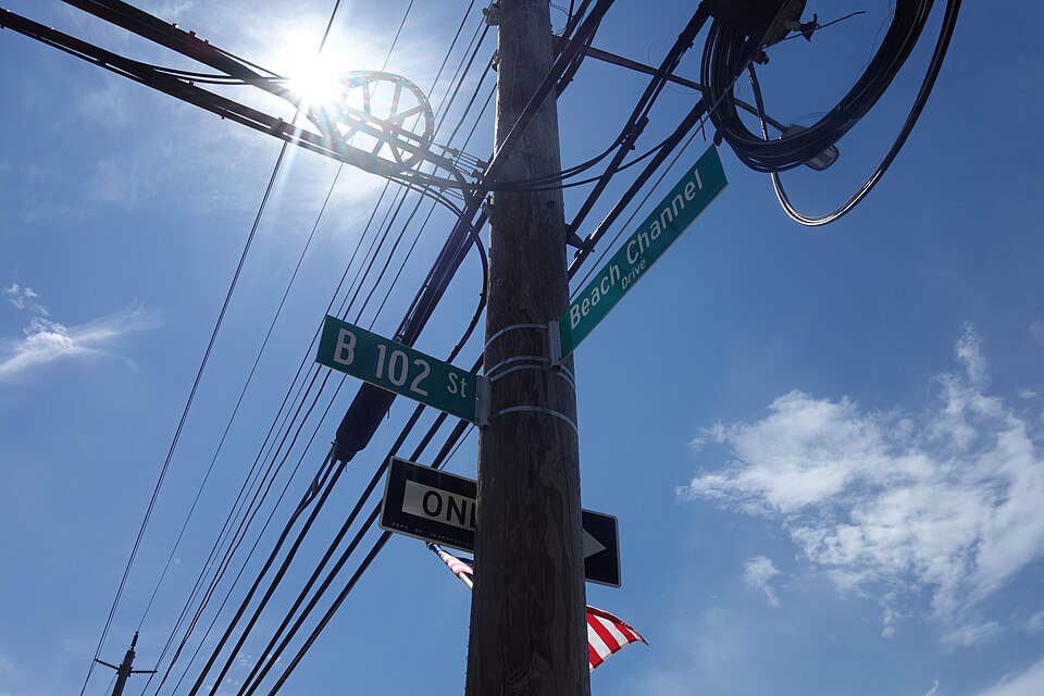 The street signs for Beach 102nd Street and Beach Channel Drive on a wooden utility pole, a one way sign and an American flag further down and wires crossing a clear sky.