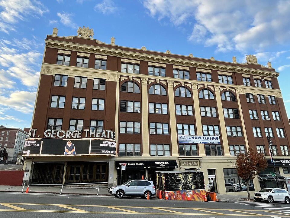 The St. George Theatre's marquee and terra cotta upper facade on Hyatt Street, seen from across the street.