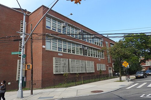 PS 199, the brick public school on the north side of Greenpoint Avenue.