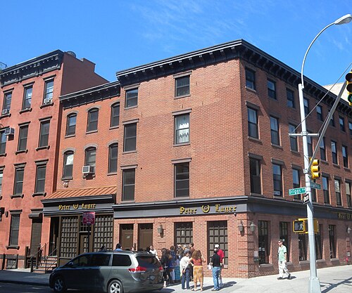 Peter Luger on the corner of Broadway and Driggs Avenue, a plain brick building with dark signage and a queue of people waiting on the sidewalk.
