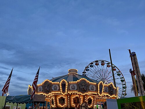 A lit carousel and a Ferris wheel against a dusk sky, American flags in the foreground.