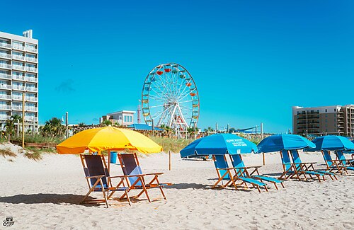 Beach chairs and umbrellas on the sand with a Ferris wheel and mid rise hotel buildings behind.