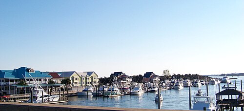 A marina on the Intracoastal Waterway packed with sport fishing boats and motor yachts, framed by blue and green roofed houses along the shore.