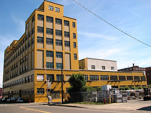 A seven storey mustard yellow brick mill building with a rail crossing signal and stacked pallets along its loading dock side.