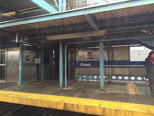 The elevated Girard station platform on the Market-Frankford Line, blue steel columns and a corrugated canopy, a sign reading Girard on the wall.