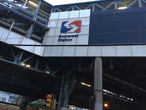 The Somerset Station sign mounted on the elevated line's steel and panel superstructure, storefronts visible below at street level.