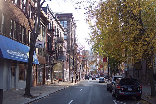 Second Street's cast iron fronted storefronts under three and four storey brick buildings, fire escapes on the facades and trees along the curb.