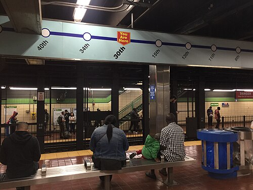 The SEPTA Market Frankford Line platform at 30th Street, a route map overhead and benches along the wall.