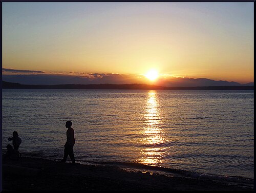A person walking along the open beach at the waterline, the far shore of Puget Sound low on the horizon.