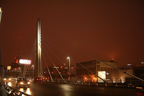 A cable stayed viaduct at night, wet pavement reflecting the streetlights, the intermodal station's lit sign beside the roadway.